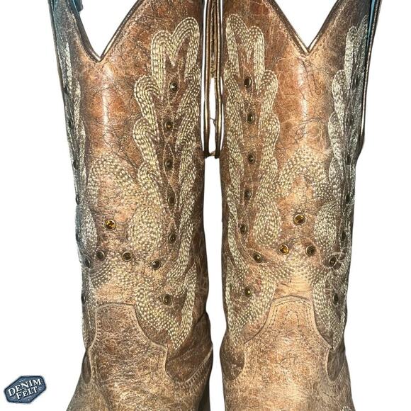 Corral Boots Women’s Metalic Cognac Stitching & Studs Square Toe Western Boots - Picture 14 of 16